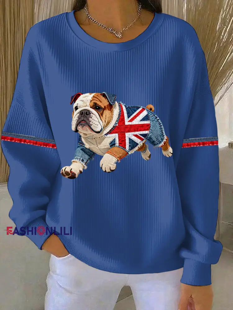 Women’s British Style Bulldog Print Casual Sweatshirt Blue / S