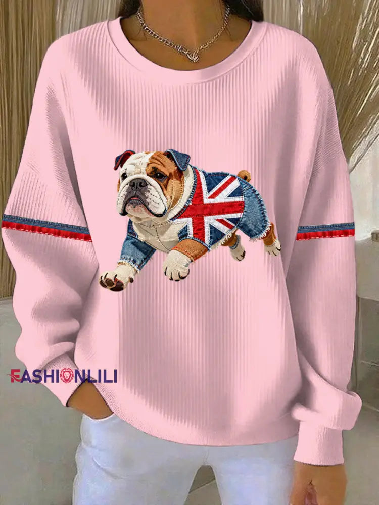 Women’s British Style Bulldog Print Casual Sweatshirt Pink / S