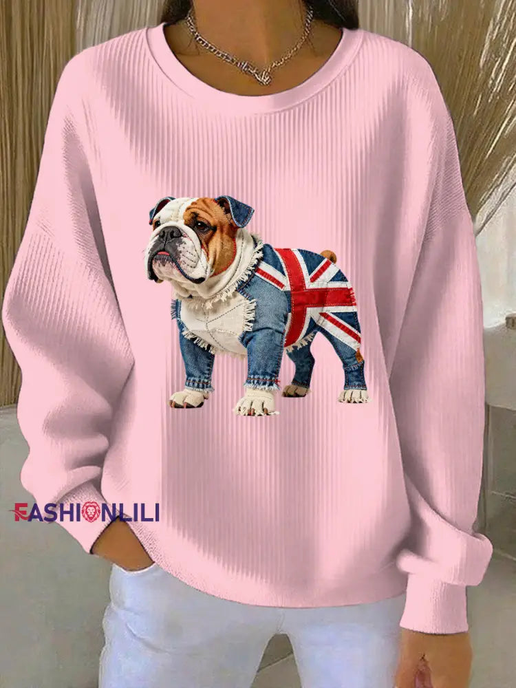 Women’s British Style Bulldog Print Casual Sweatshirt Pink / S