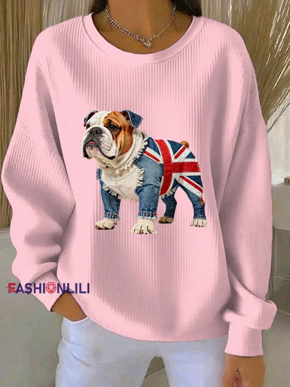 Women’s British Style Bulldog Print Casual Sweatshirt Pink / S