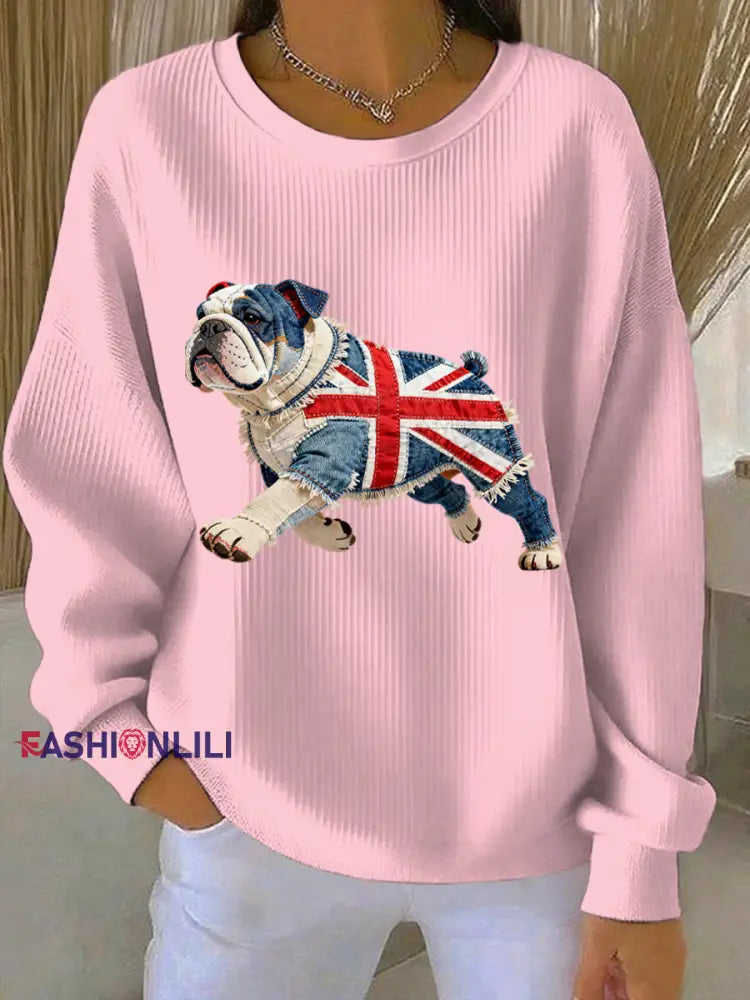 Women’s British Style Bulldog Print Casual Sweatshirt Pink / S