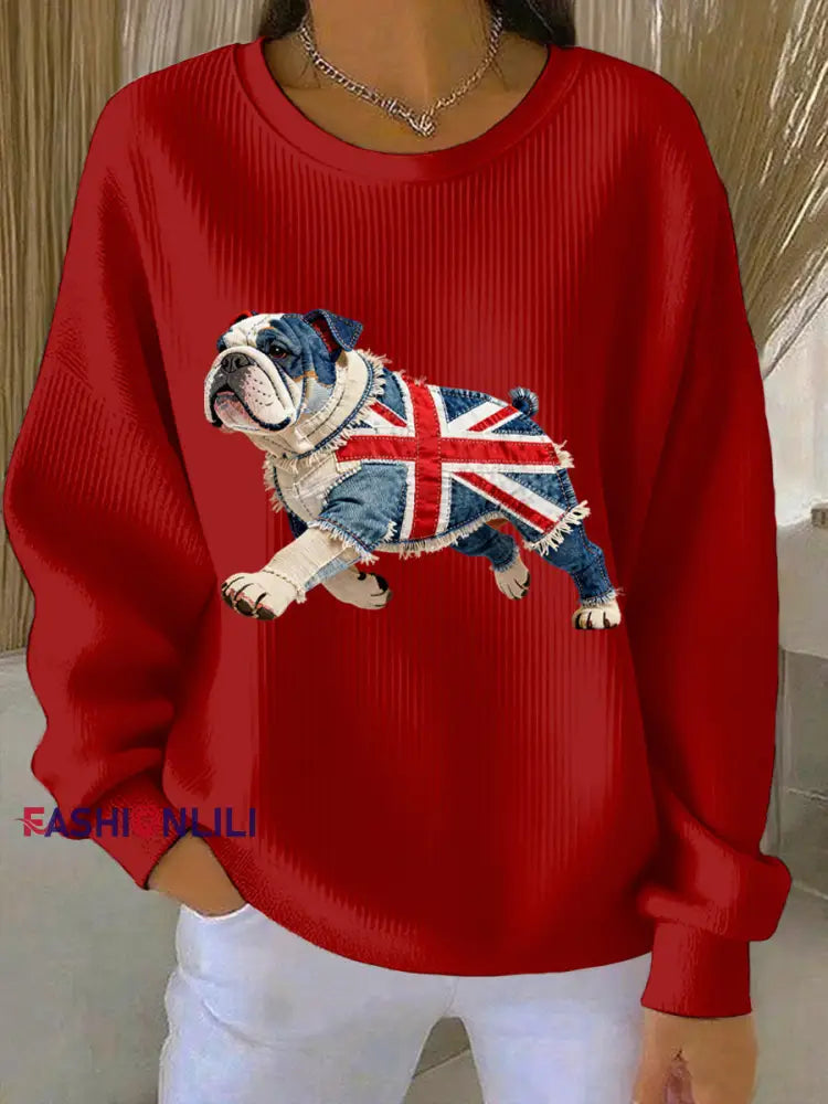 Women’s British Style Bulldog Print Casual Sweatshirt Red / S