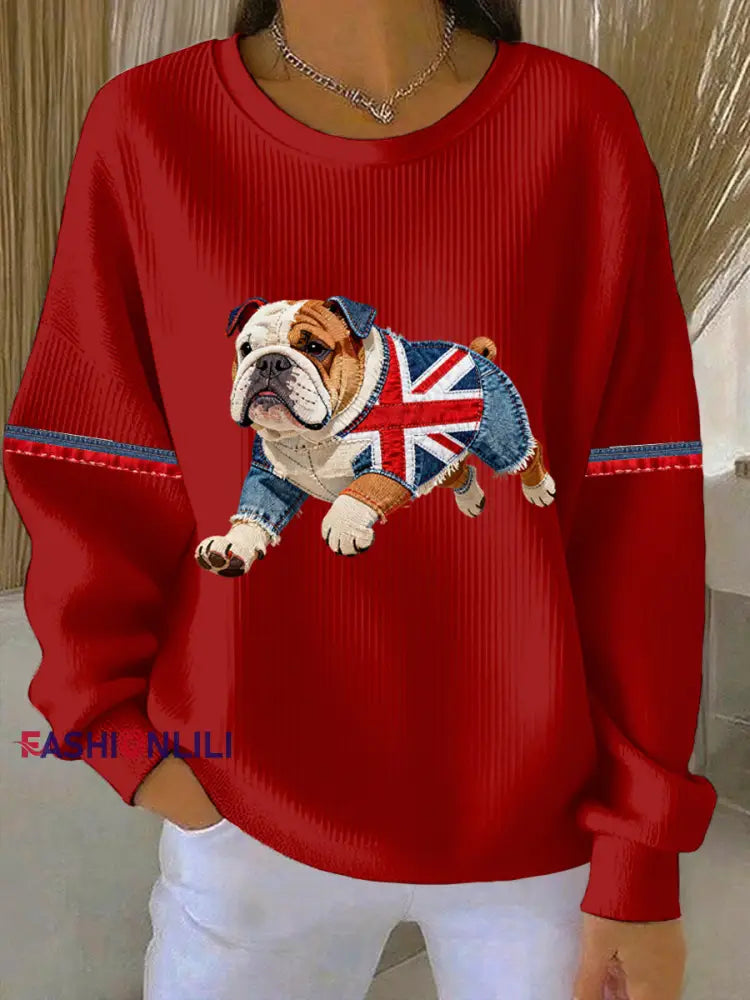 Women’s British Style Bulldog Print Casual Sweatshirt Red / S