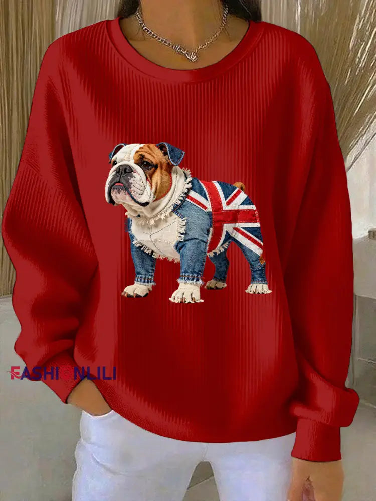Women’s British Style Bulldog Print Casual Sweatshirt Red / S