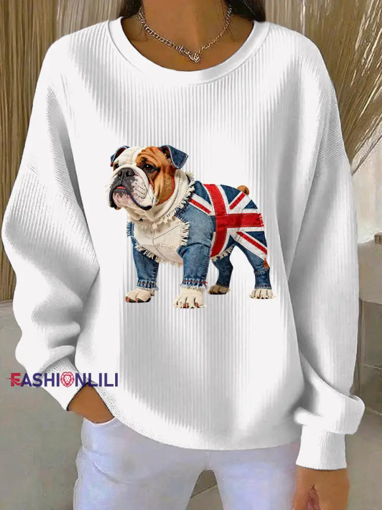 Women’s British Style Bulldog Print Casual Sweatshirt White / S