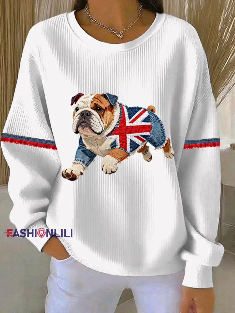 Women’s British Style Bulldog Print Casual Sweatshirt White / S