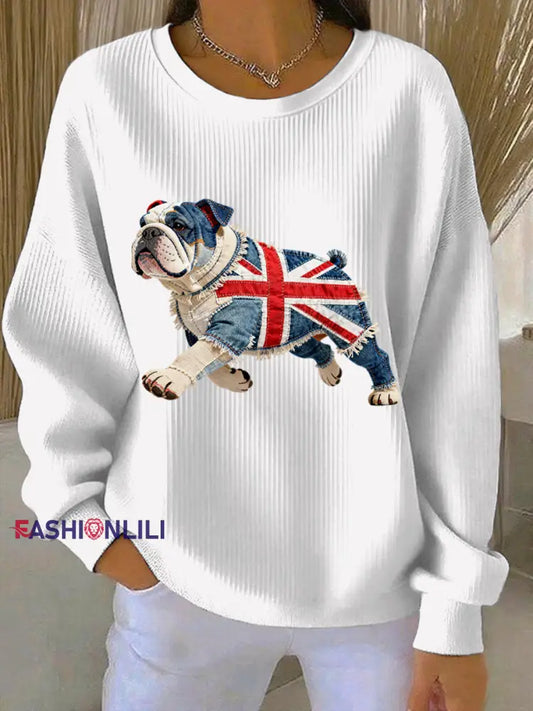 Women’s British Style Bulldog Print Casual Sweatshirt White / S