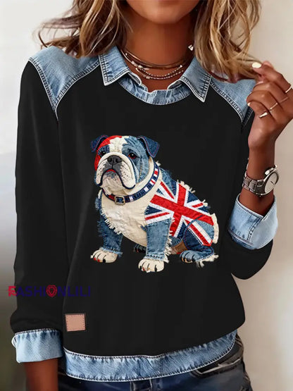 Women’s British Style Bulldog Print Casual Top Black / S