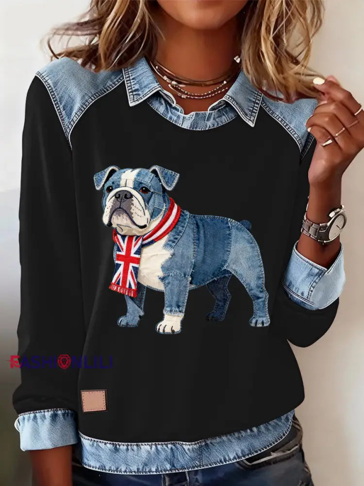 Women’s British Style Bulldog Print Casual Top Black / S