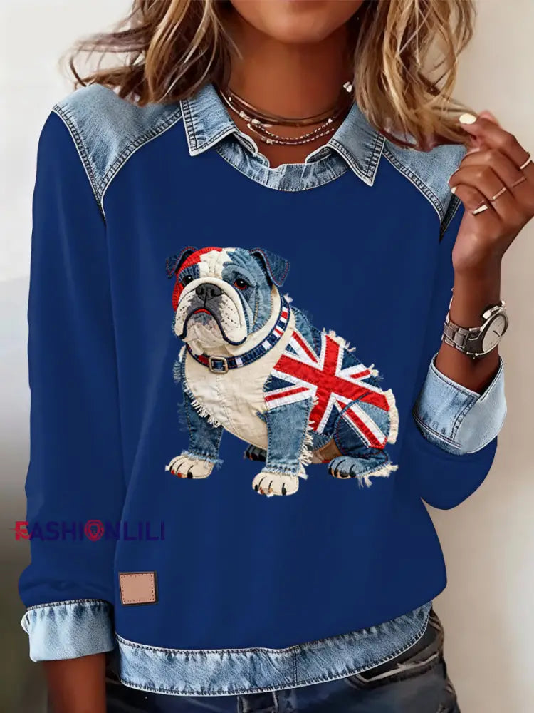 Women’s British Style Bulldog Print Casual Top Blue / S