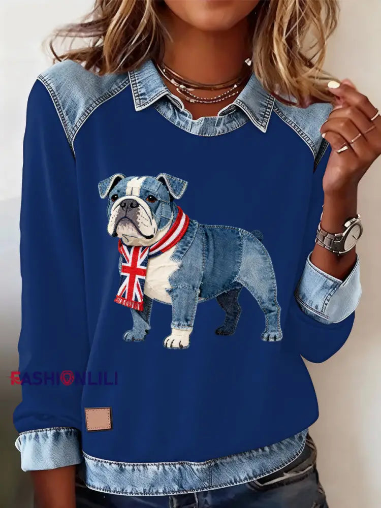 Women’s British Style Bulldog Print Casual Top Blue / S