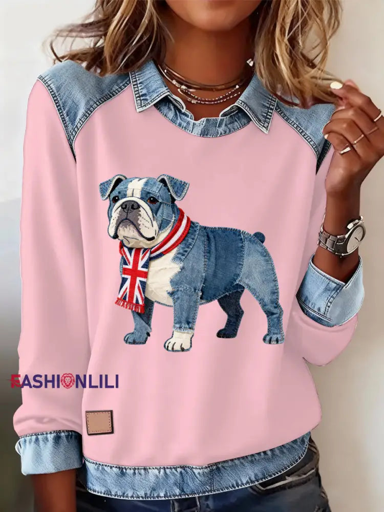 Women’s British Style Bulldog Print Casual Top Pink / S
