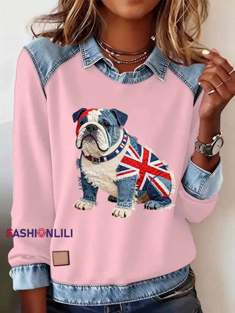 Women’s British Style Bulldog Print Casual Top Pink / S