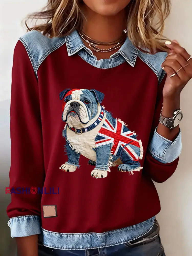 Women’s British Style Bulldog Print Casual Top Red / S