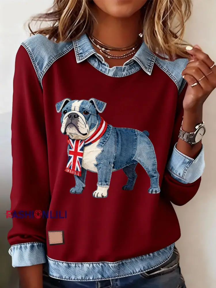 Women’s British Style Bulldog Print Casual Top Red / S