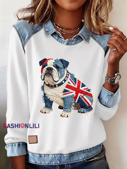 Women’s British Style Bulldog Print Casual Top White / S