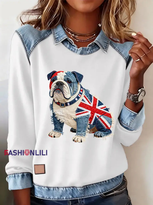 Women’s British Style Bulldog Print Casual Top White / S