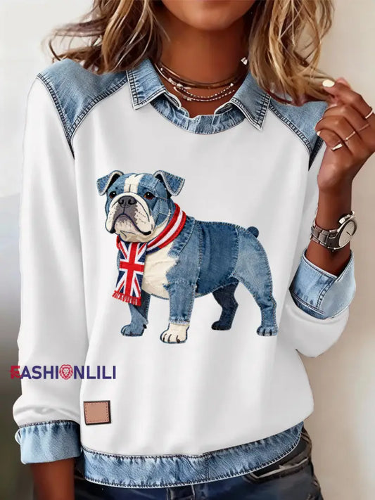 Women’s British Style Bulldog Print Casual Top White / S