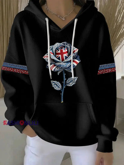 Women’s British style imitation denim rhinestone hot-drill Print Casual Hoodie Black / S