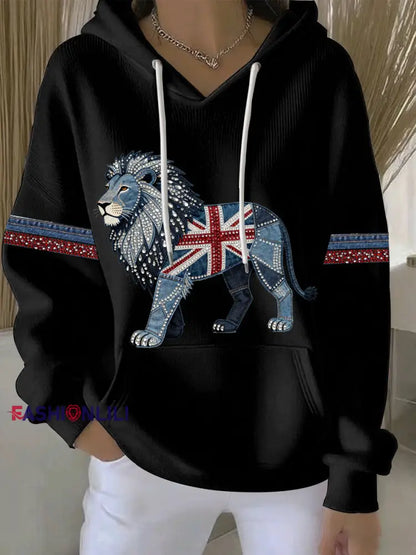 Women’s British style imitation denim rhinestone hot-drill print casual hoodie Black / S