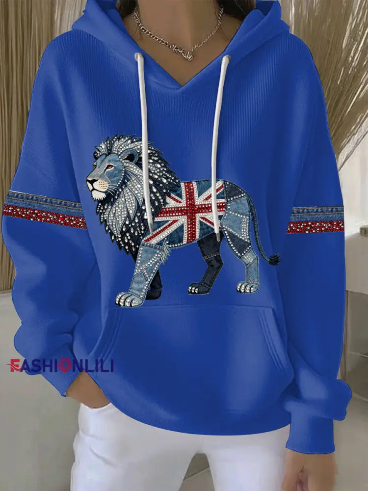 Women’s British style imitation denim rhinestone hot-drill print casual hoodie Blue / S