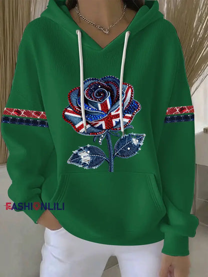 Women’s British style imitation denim rhinestone hot-drill Print Casual Hoodie Green / S