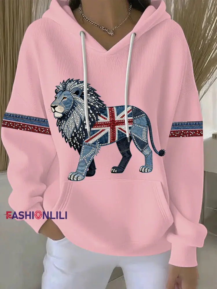 Women’s British style imitation denim rhinestone hot-drill print casual hoodie Pink / S