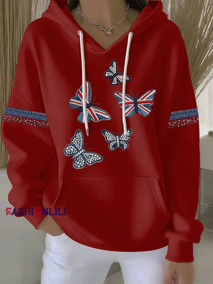 Women’s British style imitation denim rhinestone hot-drill Print Casual Hoodie Red / S