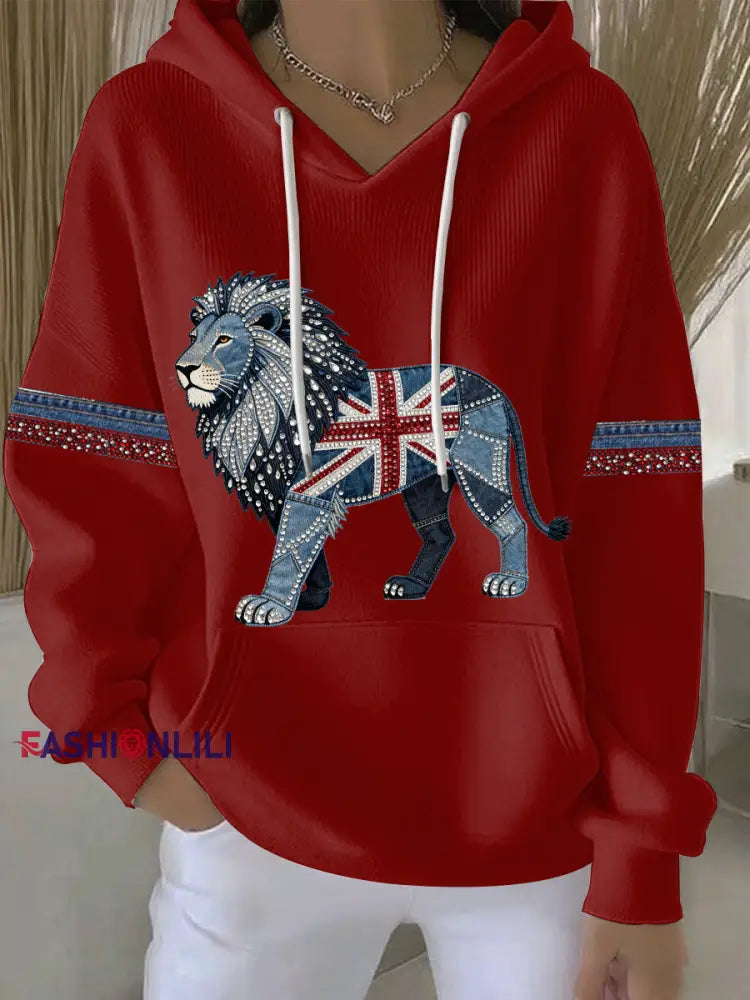 Women’s British style imitation denim rhinestone hot-drill print casual hoodie Red / S