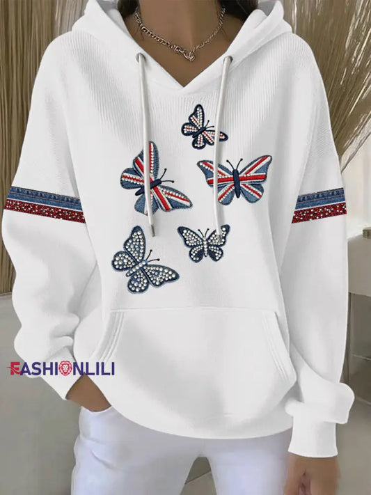 Women’s British style imitation denim rhinestone hot-drill Print Casual Hoodie White / S