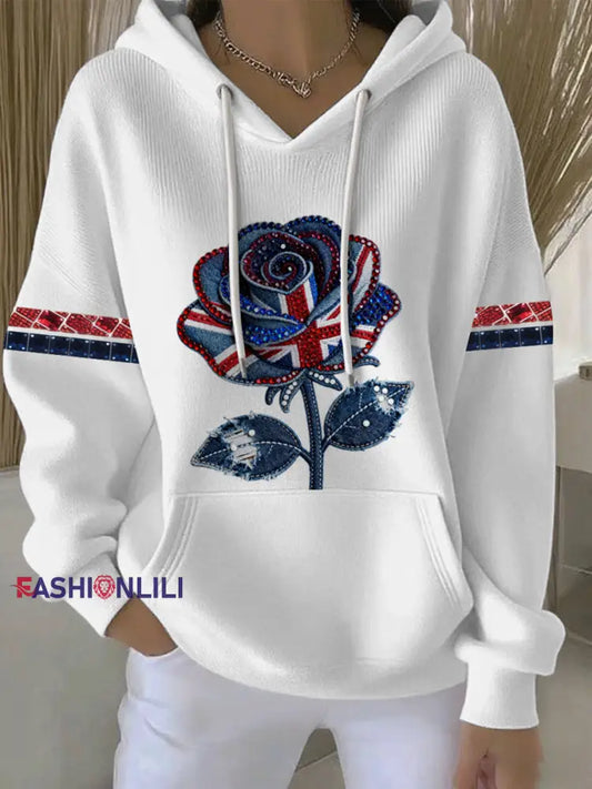 Women’s British style imitation denim rhinestone hot-drill Print Casual Hoodie White / S