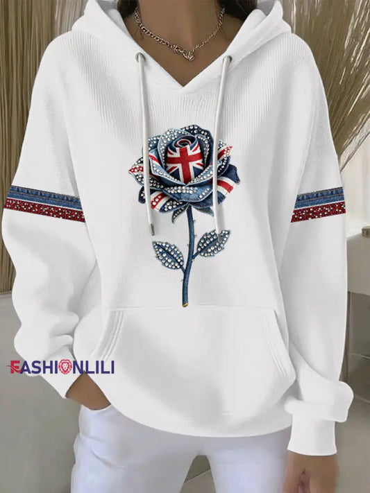 Women’s British style imitation denim rhinestone hot-drill Print Casual Hoodie White / S