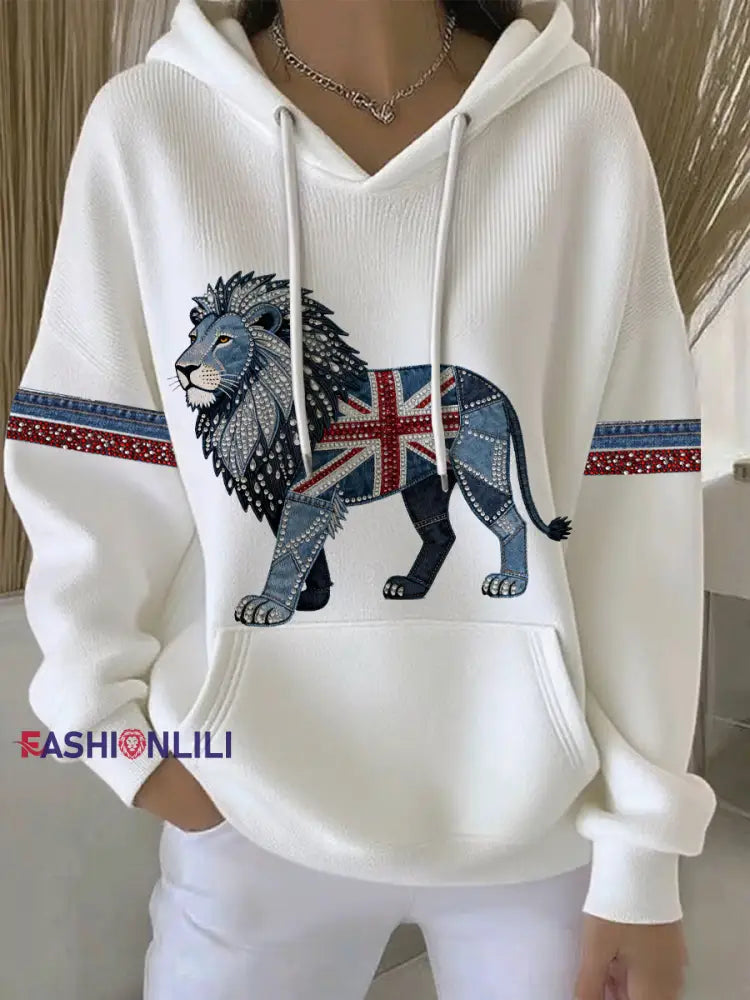 Women’s British style imitation denim rhinestone hot-drill print casual hoodie White / S