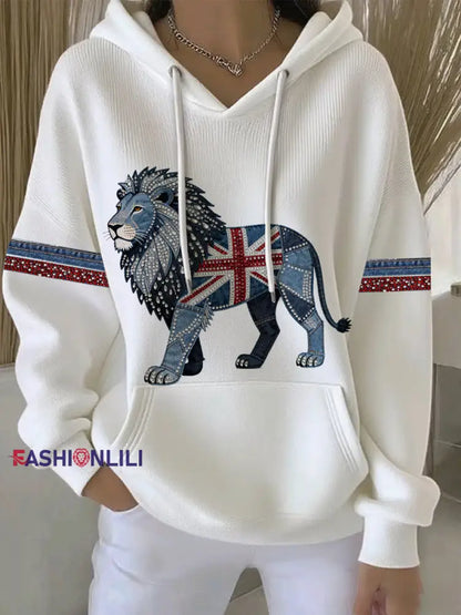 Women’s British style imitation denim rhinestone hot-drill print casual hoodie White / S