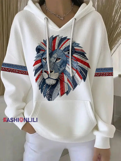 Women’s British style imitation denim rhinestone hot-drill print casual hoodie White / S