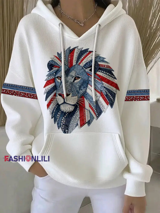 Women’s British style imitation denim rhinestone hot-drill print casual hoodie White / S