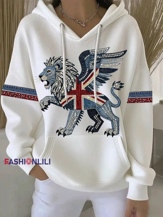 Women’s British style imitation denim rhinestone hot-drill print casual hoodie White / S