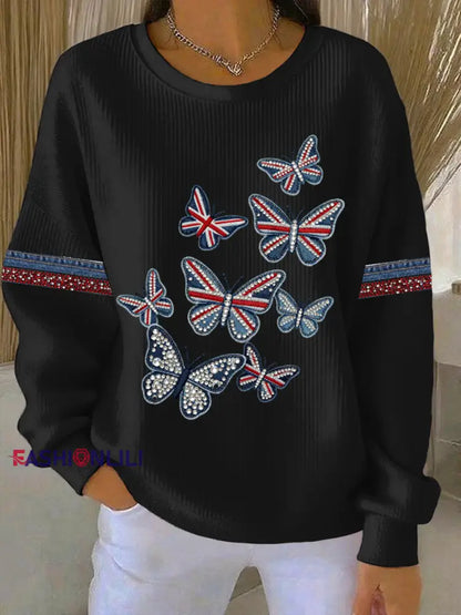 Women’s British style imitation denim rhinestone hot-drill Print Casual Sweatshirt Black / S