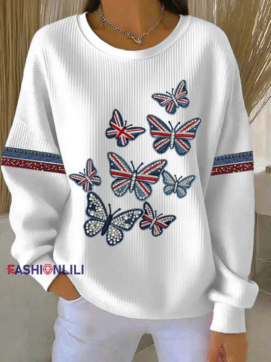 Women’s British style imitation denim rhinestone hot-drill Print Casual Sweatshirt White / S