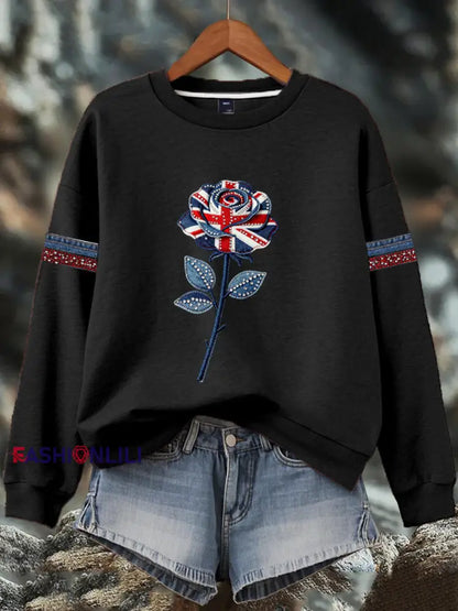 Women’s British style imitation denim rhinestone hot-drill Print Sweatshirt Black / S