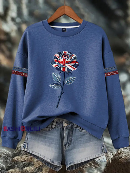 Women’s British style imitation denim rhinestone hot-drill Print Sweatshirt Blue / S