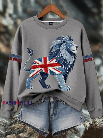 Women’s British style imitation denim rhinestone hot-drill Print Sweatshirt Gray / S