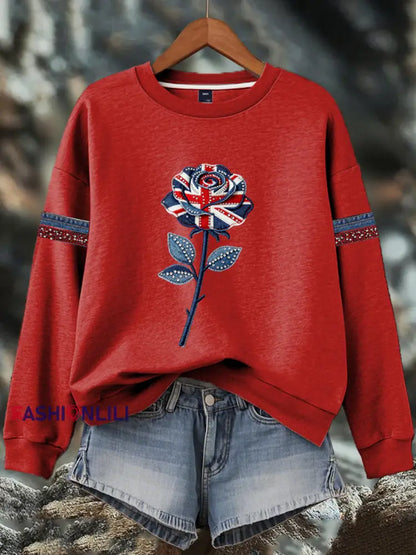 Women’s British style imitation denim rhinestone hot-drill Print Sweatshirt Red / S