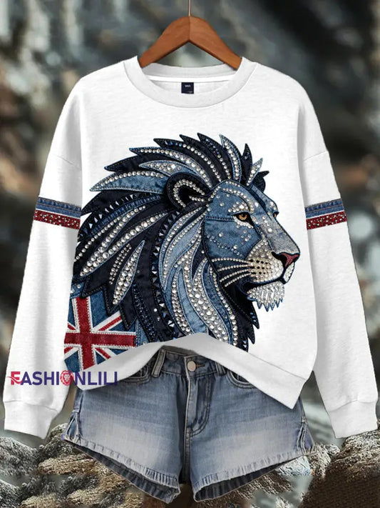 Women’s British style imitation denim rhinestone hot-drill Print Sweatshirt White / S