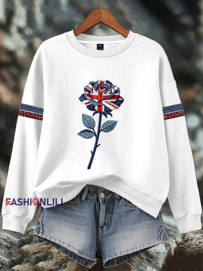 Women’s British style imitation denim rhinestone hot-drill Print Sweatshirt White / S