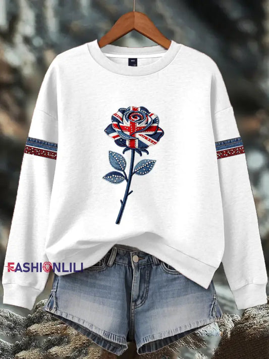Women’s British style imitation denim rhinestone hot-drill Print Sweatshirt White / S