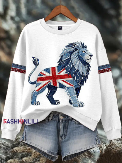 Women’s British style imitation denim rhinestone hot-drill Print Sweatshirt White / S
