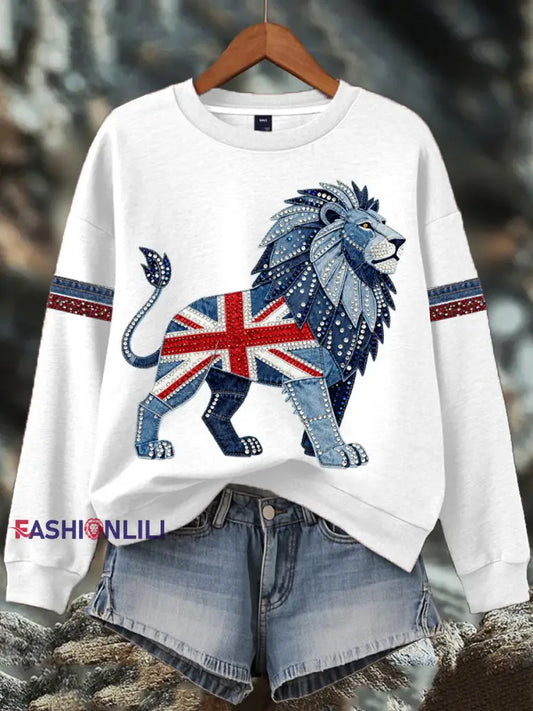 Women’s British style imitation denim rhinestone hot-drill Print Sweatshirt White / S