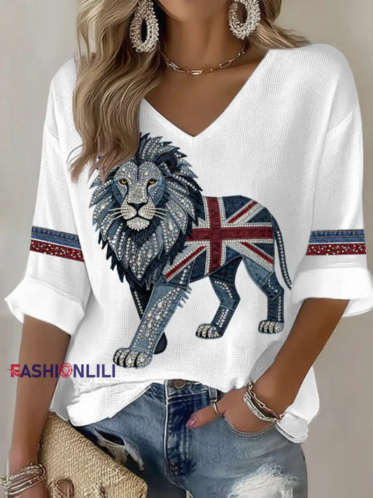 Women’s British style imitation denim rhinestone hot-drill Printed Casual T-shirt