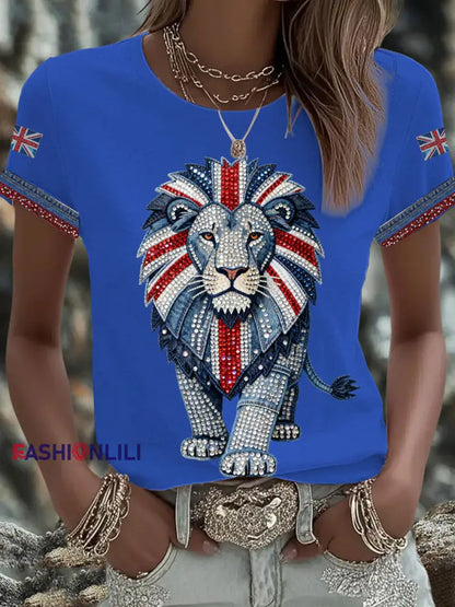 Women’s British style imitation denim rhinestone hot-drill Printed Iron On Short Sleeve T-Shirt Blue / S